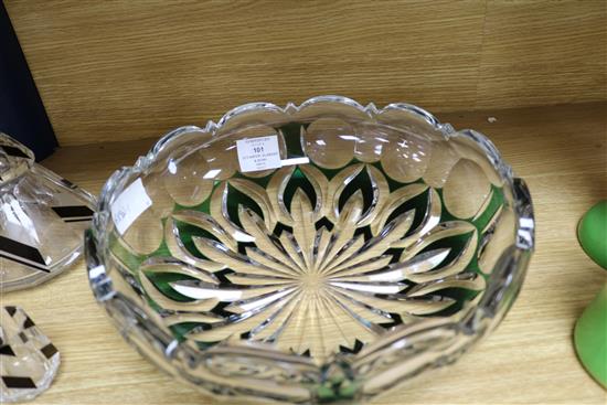 An Art Deco style decanter with three glasses and a cut emerald glass bowl signed Van St Lambert bowl diameter 30.5cm